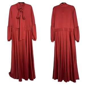 Livd Rust Red Modest Long Sleeve Maximalist High Neck Bow Tie Maxi Pocket Dress